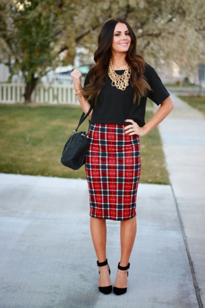 black t-shirt red checkered bodycon midi skirt