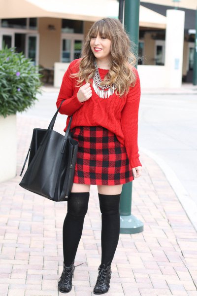 red cable knitted sweater checkered flannel mini skirt