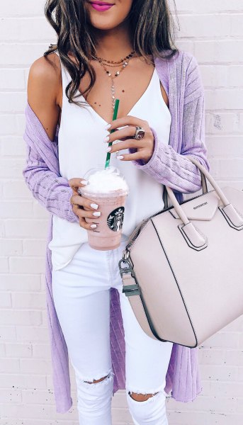 purple ribbed long cardigan white white jeans