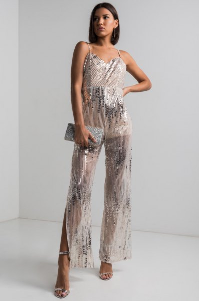 semi sheer silver sparkly wide leg jumpsuit