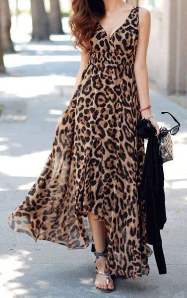 leopard print deep v-neck maxi blown dress