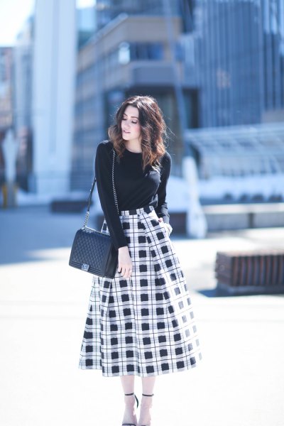 black and white blown out midi skirt shape matching sweater