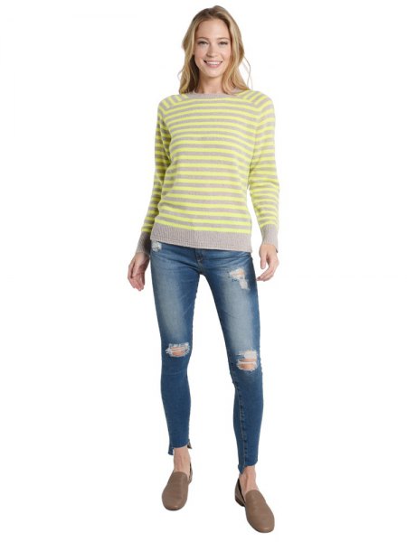 yellow and gray striped sweater ripped skinny jeans