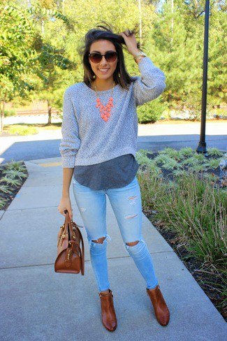 gray cropped sweater over long neck over long t-shirt