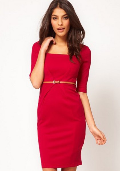 red half-waist belt in a knee-length dress