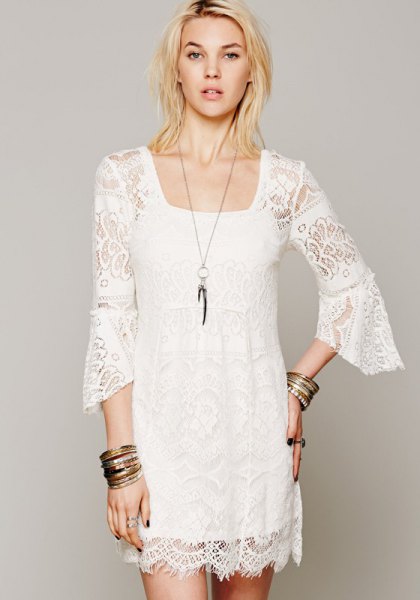 white watch sleeve lace shift dress
