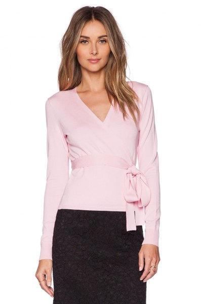 pale pink belt with ballet jacket sweater black lace skirt