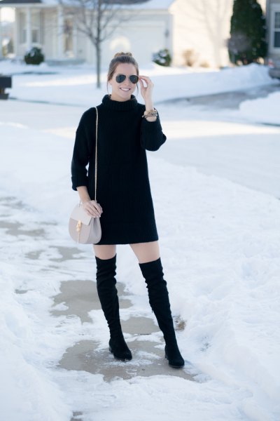 black turtleneck knitted sweater mini dress high boots