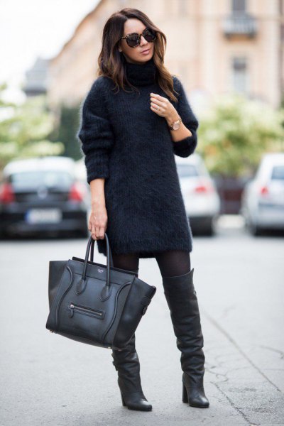 fuzzy turtleneck sweater dress leather boots
