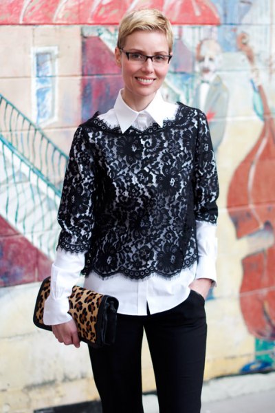 black half-heated lace blouse white button up shirt