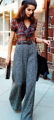 red and black checkered sweater gray tweed wide leg pants
