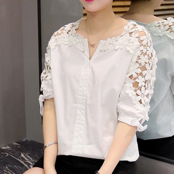 white half-heated shirt floral lace sleeves