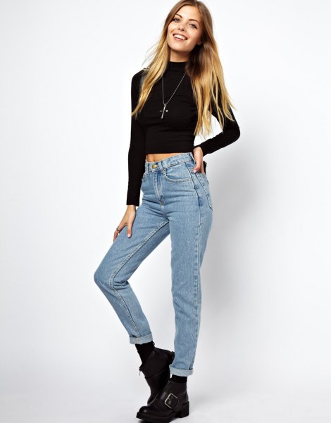 black sleeves cropped sweater cuffed jeans boots