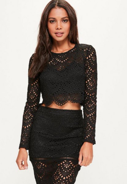 black crochet long sleeve crop top matching bodycon skirt
