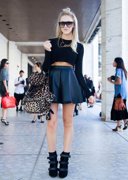 black crop top high waist leather mini skater skirt