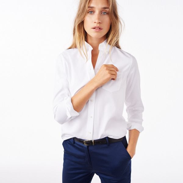 white button up shirt navy chinos