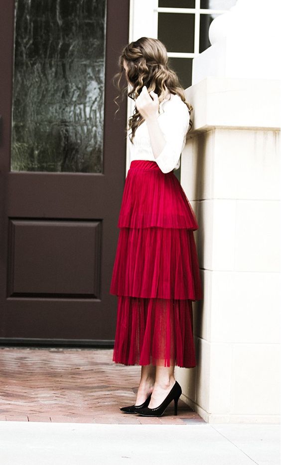 elastic waist skirt red ruffles