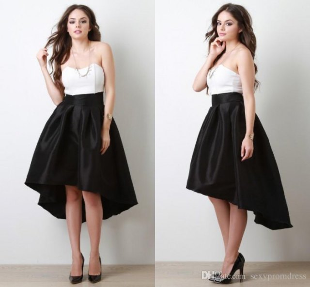 white strapless top black silk with high low flare skirt