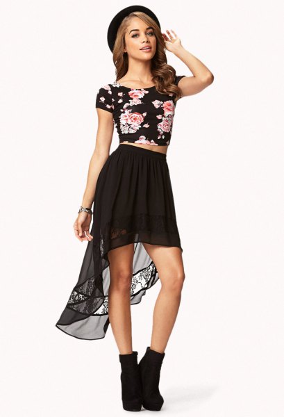 chiffon high low skirt black floral cropped tee