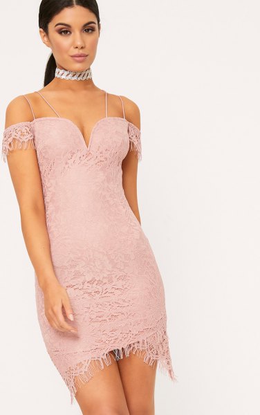 pink from the shoulder deep v-neck lace dress