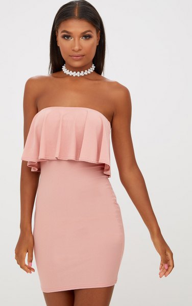 pink folded shoulder ruffle tube dress