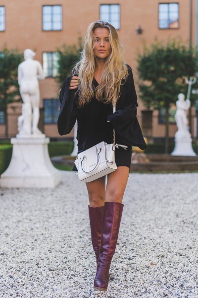 black watch sleeve dress gray leather knee high boots