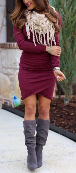 gray suede knee high boots burgundy bodycon wrap dress