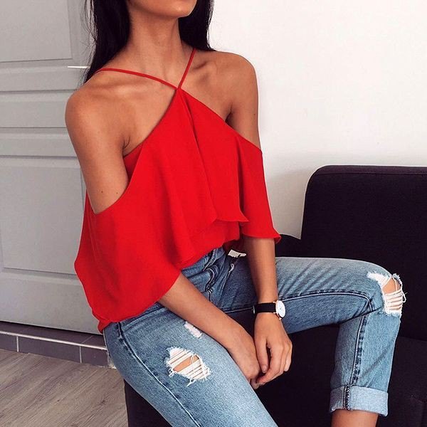 red shoulder strap neck top ripped skinny jeans