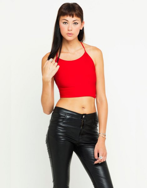 red crop top leather pants