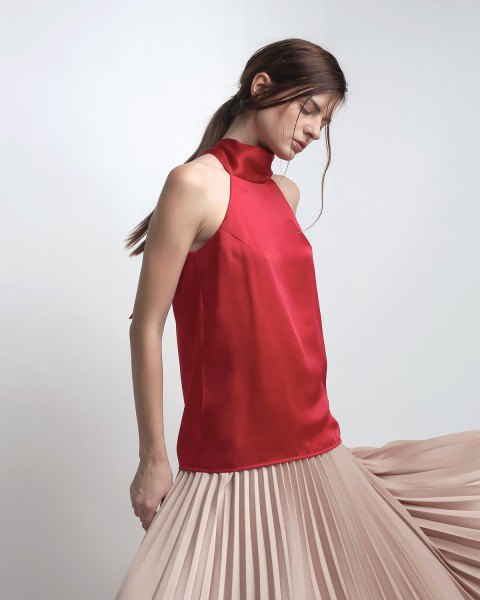 red silk top pale pink pleated dress