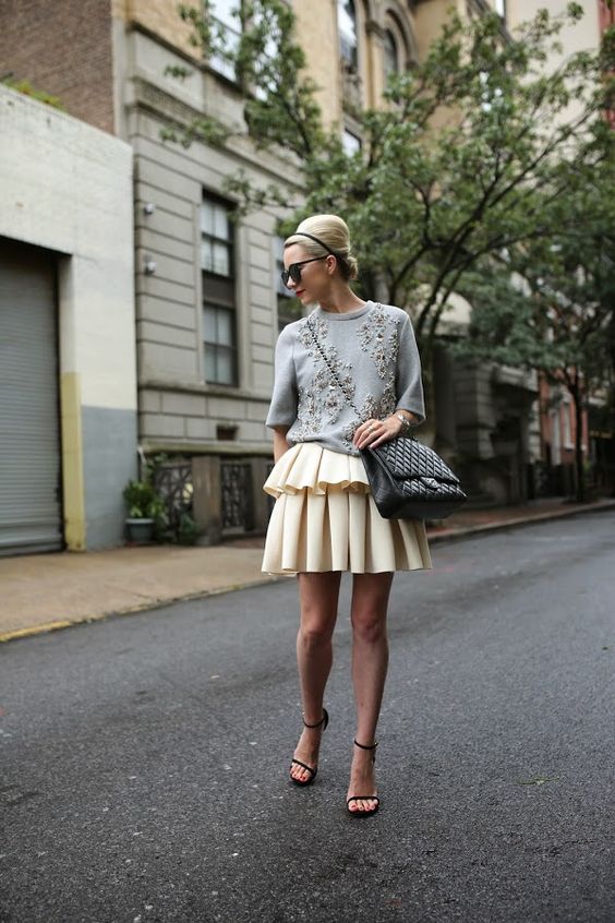 ornate top gray ruffle skirt