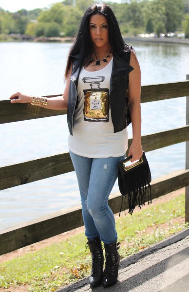 white printed tank leather vest