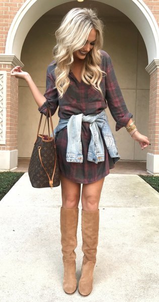 light brown suede boots dressed in plaid shirt