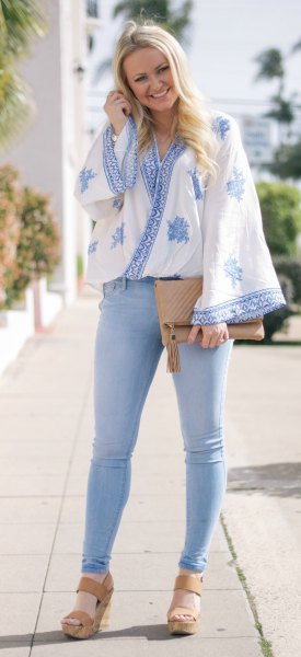 blue and white japanese style draped top