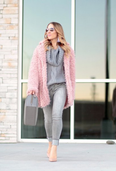 pink faux fur jacket gray cowl neck knitted sweater