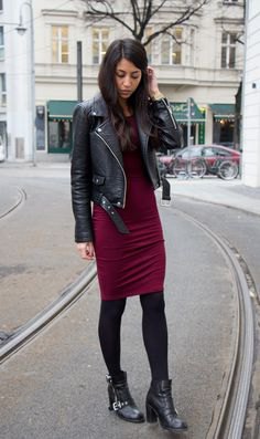 black jacket burgundy bodycon knee length dress