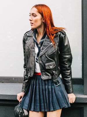biker jacket navy blue pleated skirt