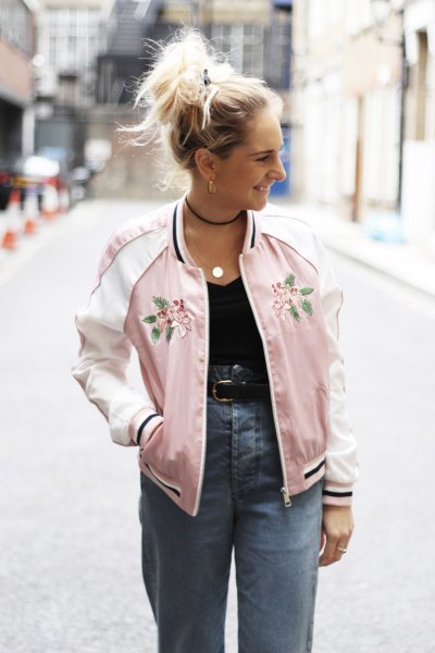 pink embroidered bomber jacket with high waist