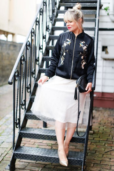 black embroidered bomber jacket white chiffon flare skirt