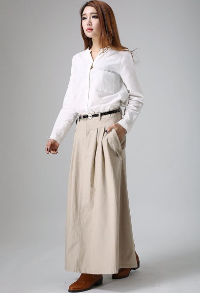 white button up shirt beige maxi khaki skirt