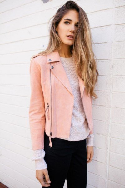 pink leather jacket white sweater with knit neck