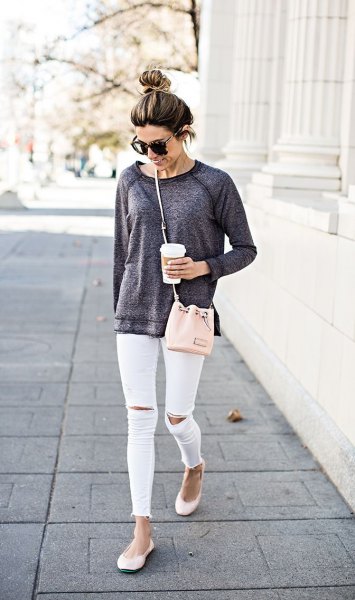 Heather gray chunky sweater white ripped skinny jeans