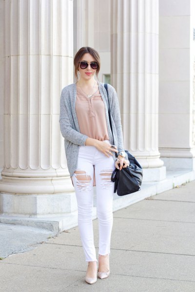 white distressed jeans pink top gray cardigan