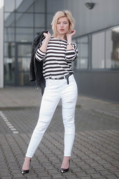 black and white striped long sleeve tee jeans
