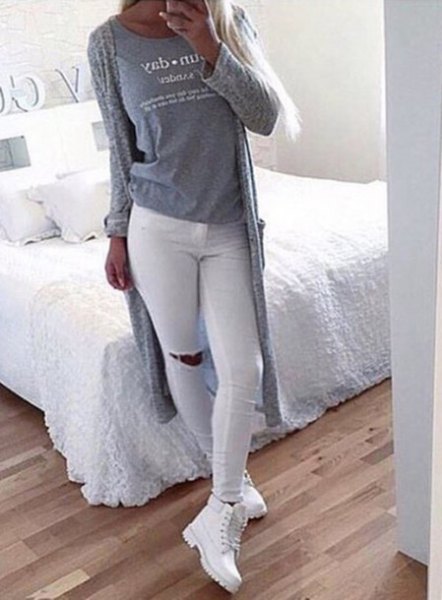white jeans gray long knit cardigan