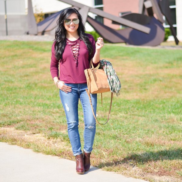 pink lace up long sleeve tee jeans