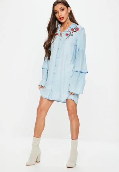 embroidered chambray mini smock dress pink boots