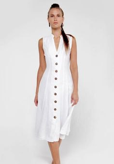 sleeveless button midi sheath linen dress