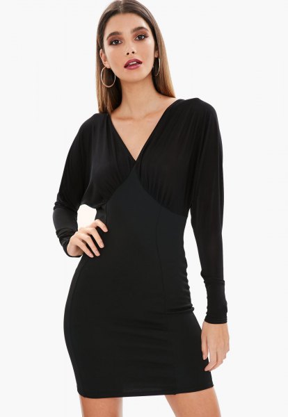 black v-neck batwing mini dress