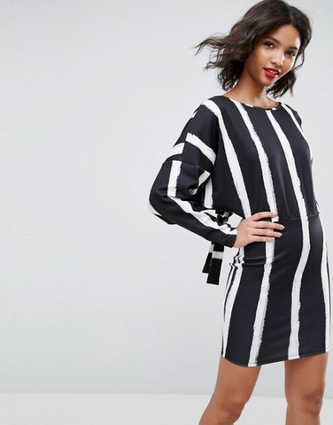 navy and white vertical striped shift dress